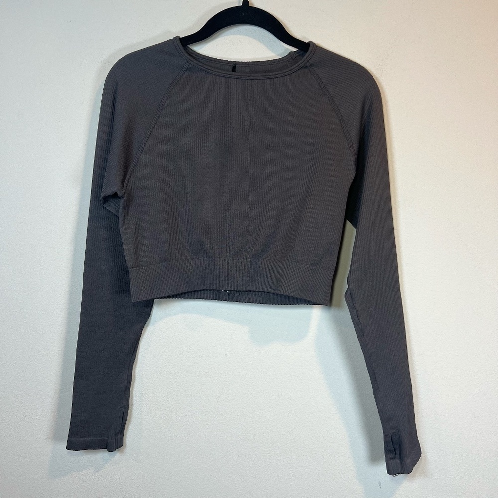 Pink Soda Sport Seamless Long Sleeve Ribbed Crop Top Athletic Shirt Sporty  L/XL